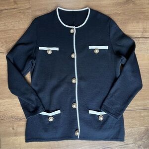 Vintage 90s Express Wool Cardigan Made in Italy Black & White with Pearl Buttons